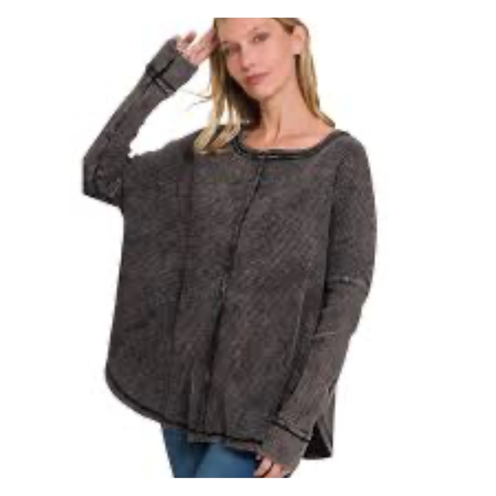 Zenana Charcoal Grey Waffle Knit Thermal Oversized Top CTW-3304 Size S/M Cotton